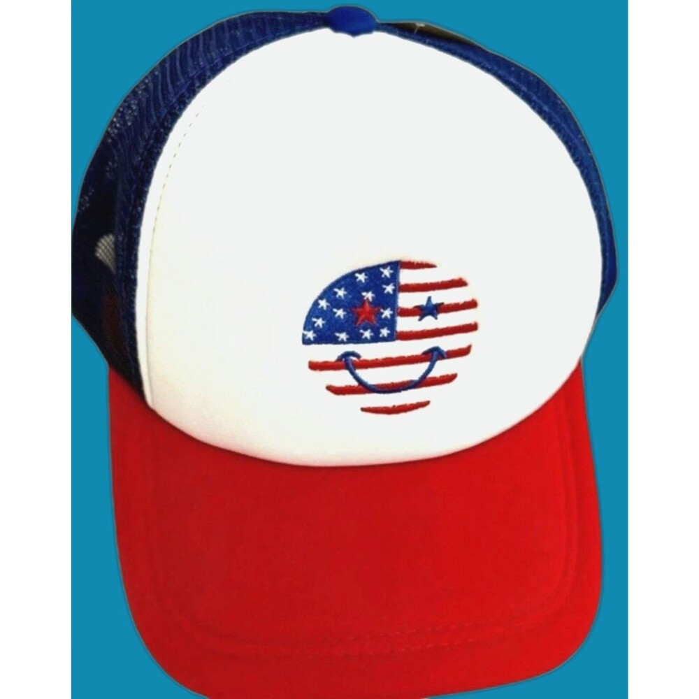 NWT Patriotic American Flag Smiley Face Trucker Hat 4th of July Snapback USA Cap